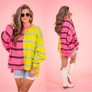 Free People Neon Pink & Bright Yellow Colorblock Striped Crew Sweater